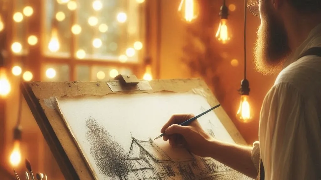 An artist sketching a house