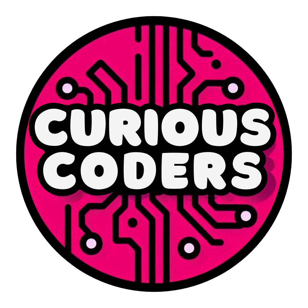 The Curious Coders Logo, white text on a pink background.