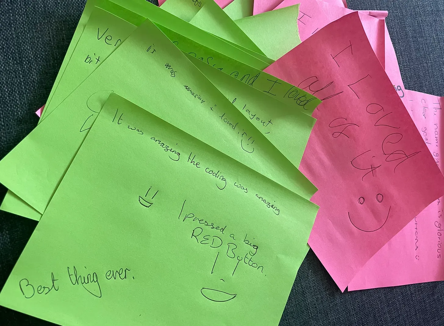 Feedback from the scouts who played the escape room.  It states things like "Best thing ever" and "I pressed a big red button!"